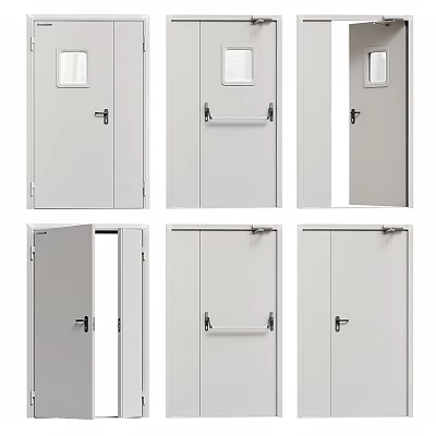 Various Industrial Doors With Small Window Panels And Metal Handles In Different States 3d model