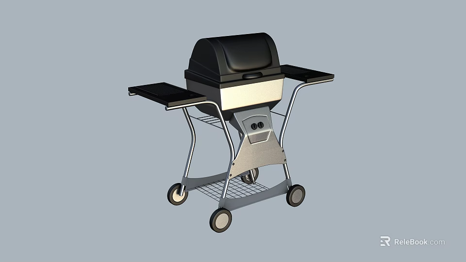 Portable Outdoor Black Grill With Side Tables Wheels And Metal Storage Rack 3d model 