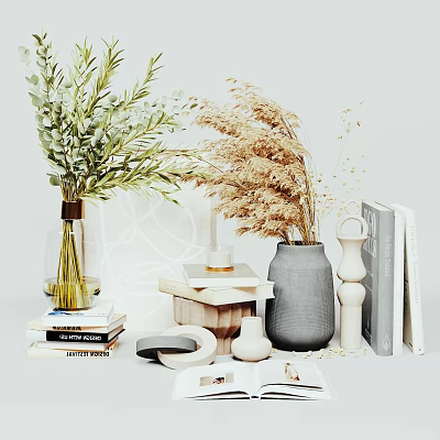 Decorative Ornament Set With Green Plants Dried Pampas Grass Vases And Books 3d model