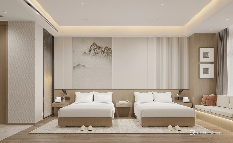 Modern Hotel Room Interior With Twin Beds Landscape Painting And Wooden Floor 3d model 