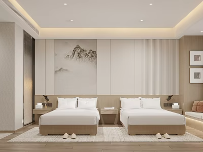 Modern Hotel Room Interior With Twin Beds Landscape Painting And Wooden Floor 3d model