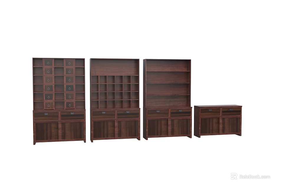 Wooden Display Shelves With Various Designs Open Compartments And Drawers 3d model 