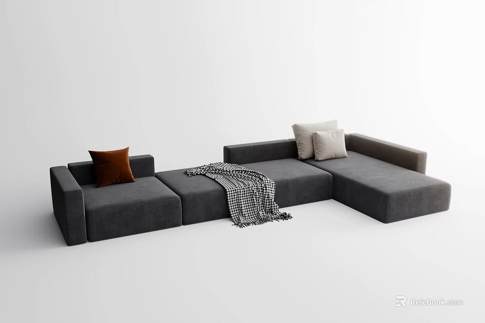 Modern Gray Sectional Sofa With Brown Beige Pillows and Knitted Throw Blanket 3d model