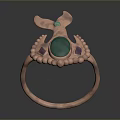 Copper Colored Ring With Fish Tail Design Green Oval Gemstone Small Beads And Purple Stones