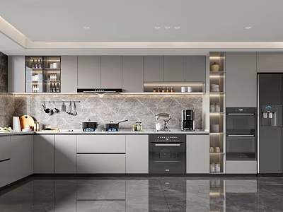 Modern Kitchen Interior Design With Gray Cabinets Marble Countertops Hanging Utensils And Appliances 3d model