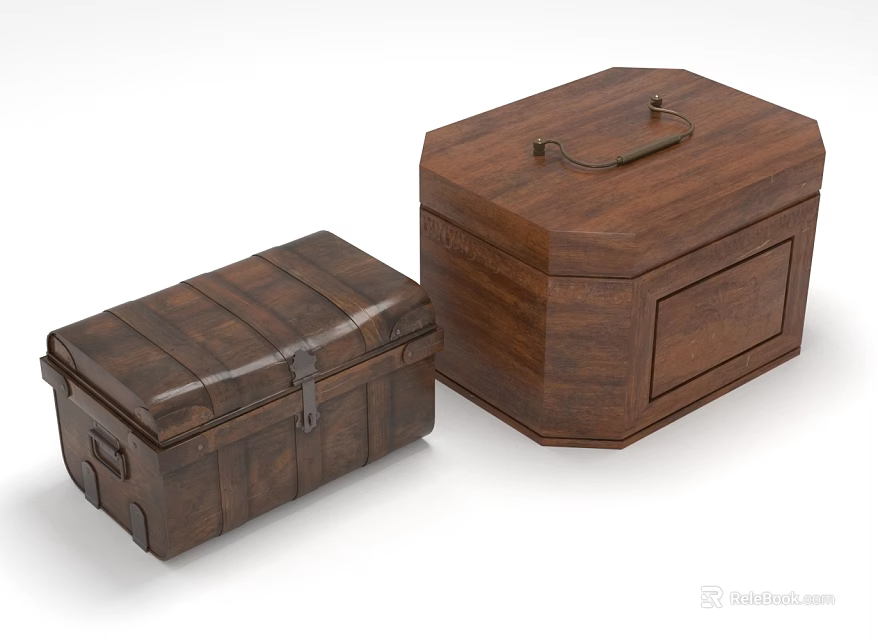 Decorative Functional Wooden Storage Boxes With Metal Clasps Handle And Octagonal Trunk Design 3d model 