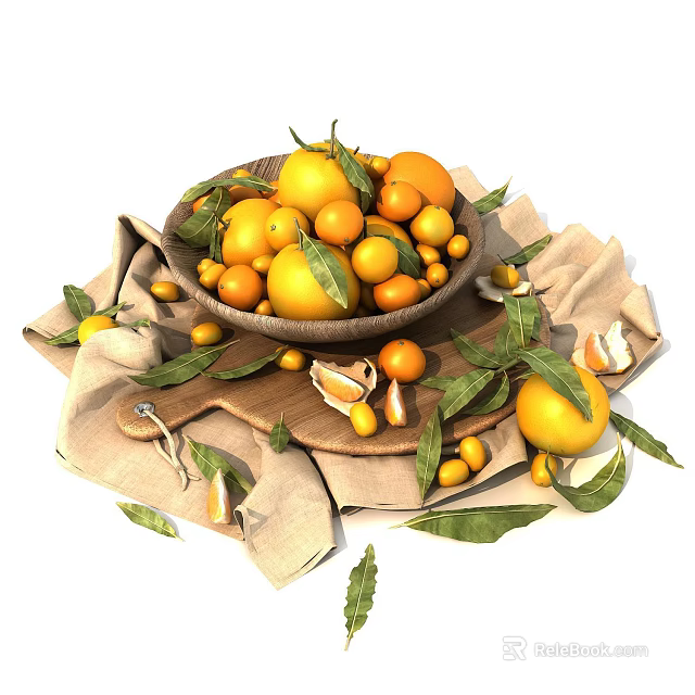 Fresh Citrus Fruits in Wooden Bowl with Green Leaves on Cloth and Peeled Segments Scattered 3d model 