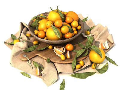Fresh Citrus Fruits in Wooden Bowl with Green Leaves on Cloth and Peeled Segments Scattered 3d model