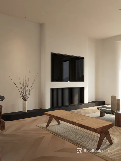 Modern Living Dining Room With TV Fireplace Wooden Coffee Table Light Walls And Wooden Floors 3d model 