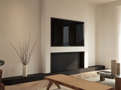 Modern Living Dining Room With TV Fireplace Wooden Coffee Table Light Walls And Wooden Floors 3d model