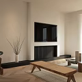 Modern Living Dining Room With TV Fireplace Wooden Coffee Table Light Walls And Wooden Floors