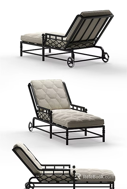 Outdoor Chaise Lounge with Black Metal Ornate Frame and Light Quilted Cushion 3d model 