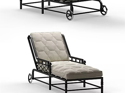 Outdoor Chaise Lounge with Black Metal Ornate Frame and Light Quilted Cushion 3d model