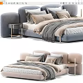 Modern Double Bed With Upholstered Headboard Pillows Throw Blanket And Side Nightstand 3d model