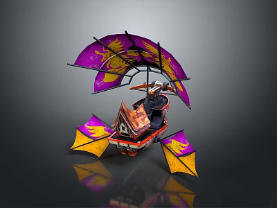 Unique Decorative Model With Purple And Yellow Dragon Pattern Wings And Small House Structure 3d model