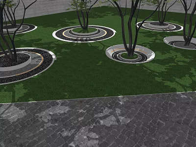 Multiple Circular Tree Planters on Green Lawn with Decorative Edges and Paved Ground 3d model