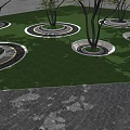 Multiple Circular Tree Planters on Green Lawn with Decorative Edges and Paved Ground