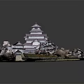 Traditional Multi Layered Pagoda Building With Cherry Blossom Trees And Garden Paths