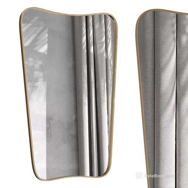 Gold Framed Decorative Mirror With Gray Curtains And Natural Light In Interior 3d model 