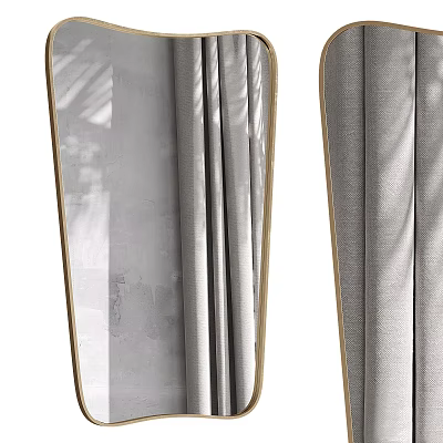 Gold Framed Decorative Mirror With Gray Curtains And Natural Light In Interior 3d model