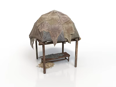 Traditional Shelter Structure With Wooden Frame Animal Skin Cover And Bench On Ground With Hay 3d model