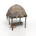 Traditional Shelter Structure With Wooden Frame Animal Skin Cover And Bench On Ground With Hay