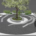 Curved White Outdoor Chairs in Circular Garden with Central Tree and Green Plants