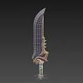 Fantasy Style Weapon With Curved Purple Blade Golden Ornament And Green Handle Design