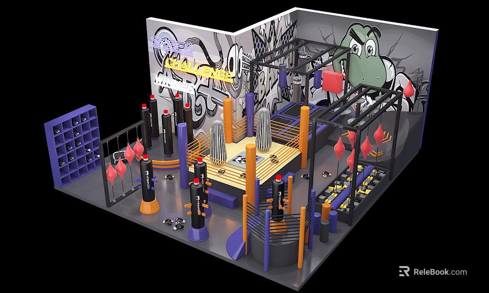 Graffiti Decorated Indoor Activity Space With Colorful Pillars Wooden Platform And Cartoon Wall Art 3d model 