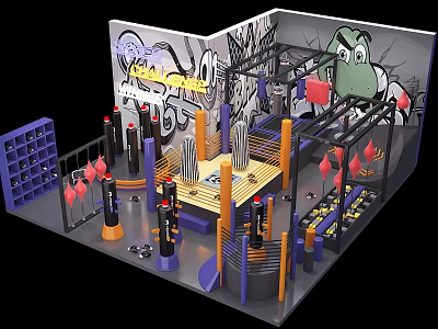 Graffiti Decorated Indoor Activity Space With Colorful Pillars Wooden Platform And Cartoon Wall Art 3d model