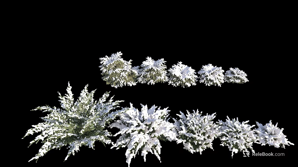 Snow Covered Shrubs In Winter Landscape With Different Sizes And Green Foliage 3d model 