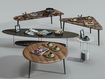 Modern Coffee Tables In Various Shapes With Wooden And Marble Surfaces Holding Magazines Cups 3d model