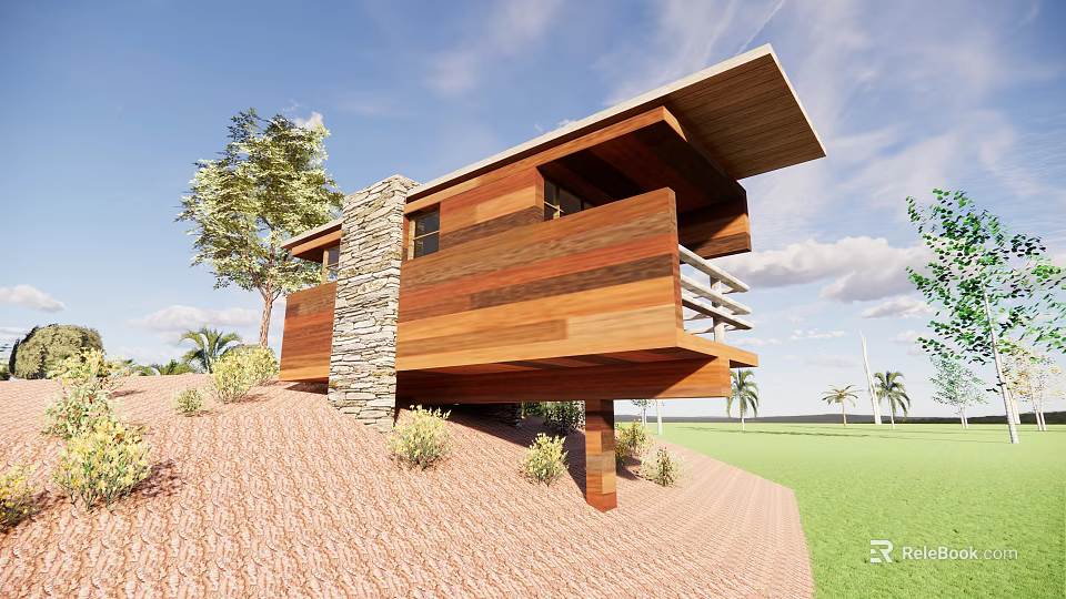 Modern Road Infrastructure On Slope With Wooden Stone Elements And Green Surroundings 3d model 