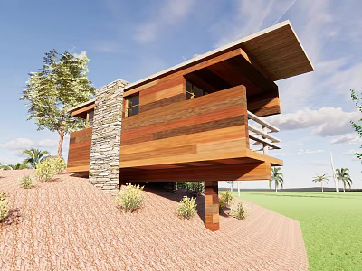 Modern Road Infrastructure On Slope With Wooden Stone Elements And Green Surroundings 3d model