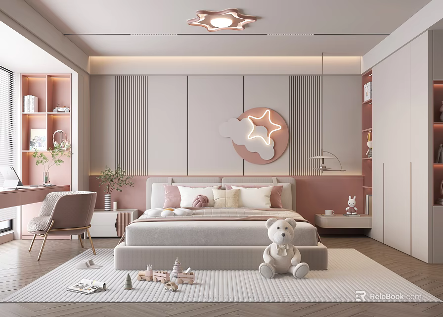 Cozy Kids Room With Star Decor Bed Stuffed Teddy Bear Bookshelf And Soft Rug 3d model 