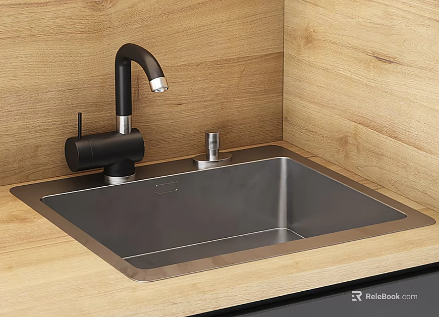 Black Modern Kitchen Faucet With Stainless Steel Sink On Wooden Countertop In Contemporary Kitchen Setting 3d model 