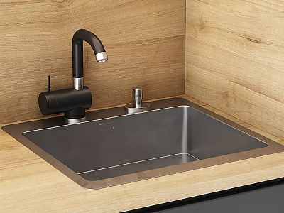 Black Modern Kitchen Faucet With Stainless Steel Sink On Wooden Countertop In Contemporary Kitchen Setting 3d model