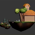 Cartoon Style Small Building with Orange Roof Red White Awning Green Trees and Floating Platforms