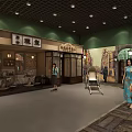 Museum Exhibition Hall Featuring Red Display Stands Mannequins Glass Cases And Bright Lighting