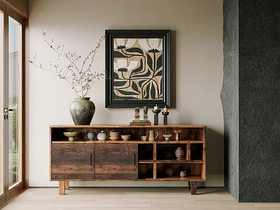 Wooden Sideboard Cabinet with Vase Twigs Wall Artwork and Small Decorations 3d model