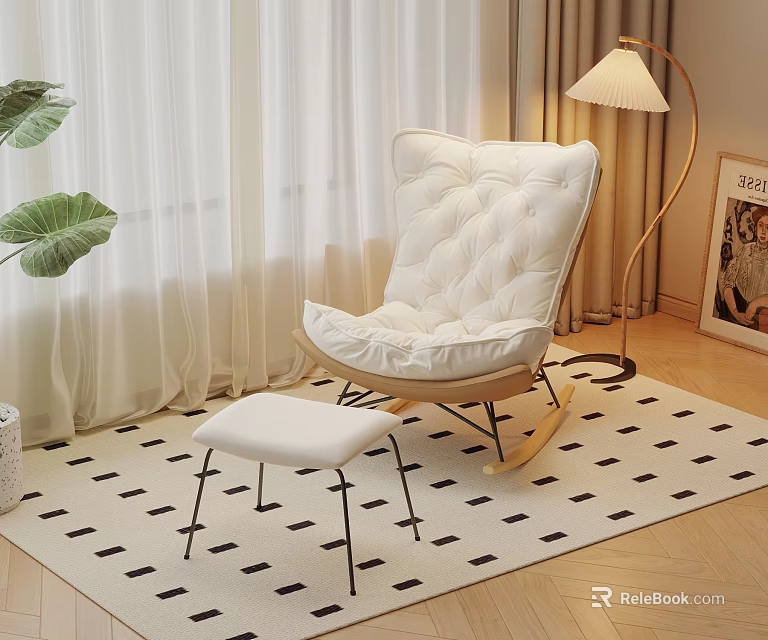 White Padded Lounge Chair With Ottoman On Black White Checkered Rug And Floor Lamp 3d model 