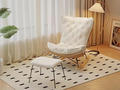 White Padded Lounge Chair With Ottoman On Black White Checkered Rug And Floor Lamp 3d model