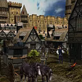 Cartoon Medieval Village Scene Featuring Castle Red Flag Stone Path And Traditional Character