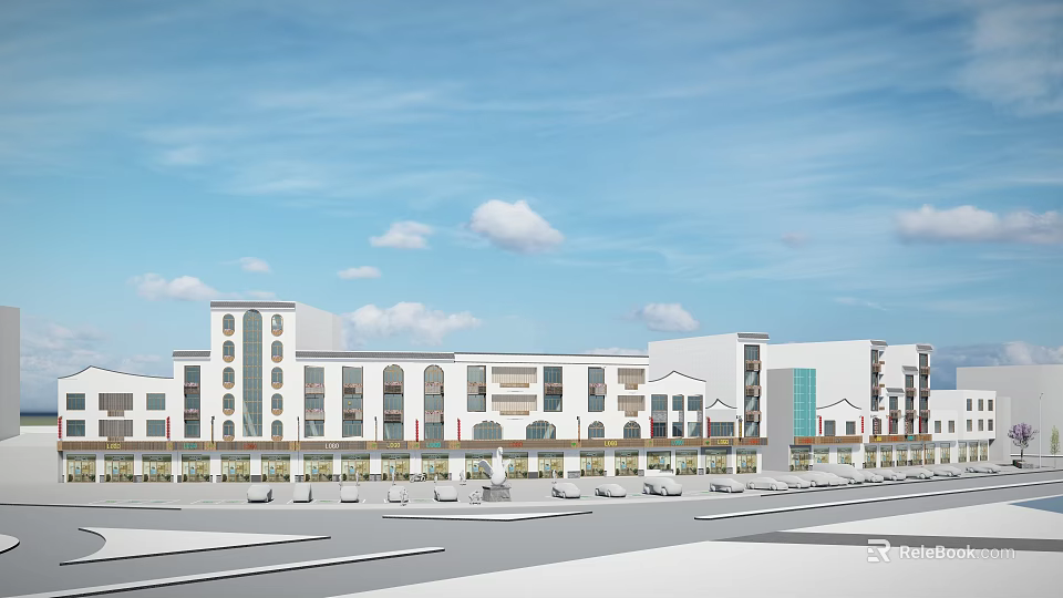 Modern Commercial Landscape With White Buildings Parking Area And Blue Sky 3d model 