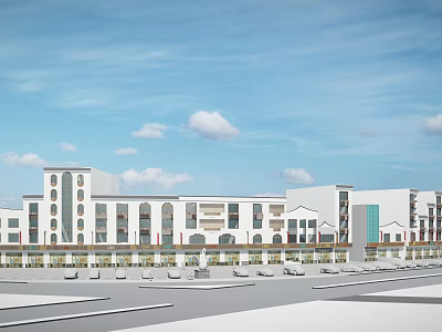Modern Commercial Landscape With White Buildings Parking Area And Blue Sky 3d model