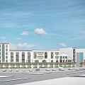 Modern Commercial Landscape With White Buildings Parking Area And Blue Sky