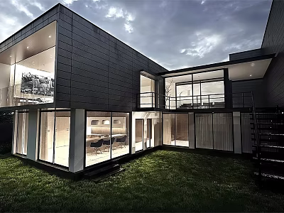 Modern Rural Self Built House With Large Glass Windows Open Design Balcony And Lawn Area 3d model