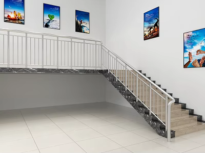 Modern Staircase With White Railings Light Steps And Wall Paintings In Interior 3d model