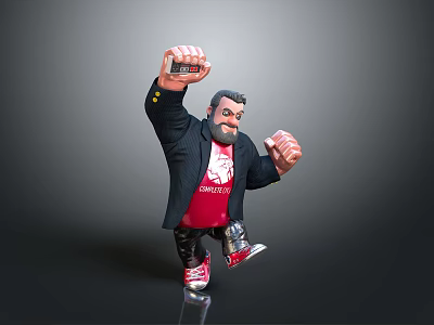 Man In Black Jacket Red T-Shirt Raising Fist With Red Shoes On Grey Background 3d model