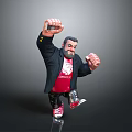 Man In Black Jacket Red T-Shirt Raising Fist With Red Shoes On Grey Background